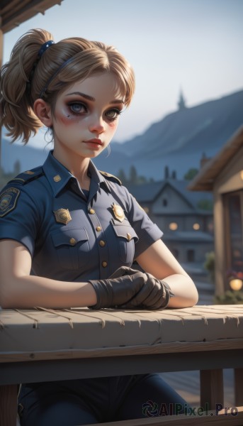 1girl,solo,breasts,looking at viewer,blush,short hair,blue eyes,blonde hair,shirt,gloves,jewelry,sitting,closed mouth,ponytail,short sleeves,earrings,outdoors,sky,day,black gloves,collared shirt,pants,artist name,mole,blurry,uniform,lips,mole under eye,makeup,buttons,depth of field,blurry background,blue shirt,denim,building,brown gloves,freckles,pocket,fence,railing,blue pants,red lips,breast pocket,badge,police,police uniform,policewoman,mascara,leaning on object,bangs,brown hair,table,thick eyebrows,lipstick,short ponytail,nose,eyeliner,facepaint,mole on cheek