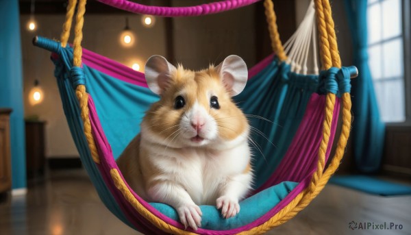 HQ,looking at viewer,indoors,blurry,black eyes,no humans,window,depth of field,blurry background,animal,cat,curtains,rope,realistic,basket,animal focus,mouse,whiskers,solo,sitting,hamster