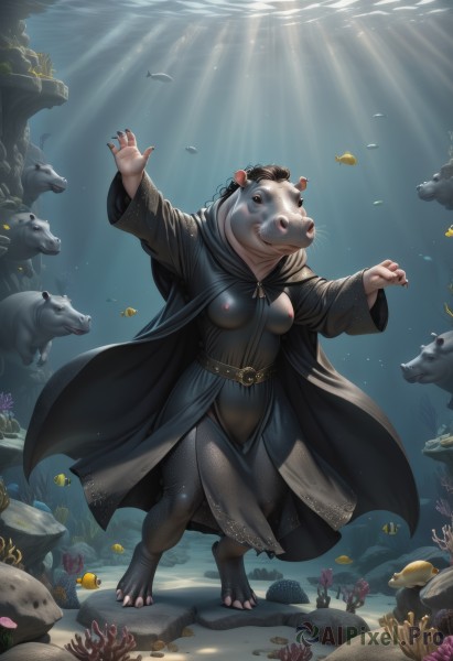 1girl,solo,breasts,looking at viewer,long sleeves,dress,animal ears,medium breasts,closed mouth,nipples,standing,full body,small breasts,barefoot,belt,artist name,wide sleeves,water,cape,black eyes,black dress,animal,sunlight,outstretched arms,claws,furry,fish,robe,light rays,rock,underwater,furry female,air bubble,sunbeam,animal nose,whiskers,starfish,snout,swimming,turtle,coral,black hair,hood,nail polish,colored skin,watermark,genderswap,black nails,genderswap (mtf)