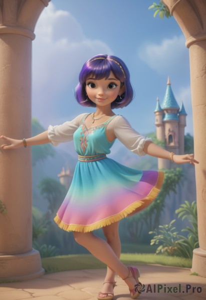 1girl,solo,breasts,looking at viewer,smile,short hair,bangs,skirt,dress,brown eyes,jewelry,closed mouth,standing,full body,purple hair,short sleeves,hairband,earrings,small breasts,outdoors,sky,shoes,day,puffy sleeves,artist name,cloud,necklace,blurry,bracelet,tree,blue sky,lips,see-through,toes,blurry background,blue dress,leg up,sandals,standing on one leg,grass,outstretched arms,plant,multicolored clothes,anklet,bangle,multicolored dress,castle,collarbone,watermark,sunlight,web address,walking,toenails,pink footwear,rainbow,toeless footwear,aqua dress,multicolored hairband