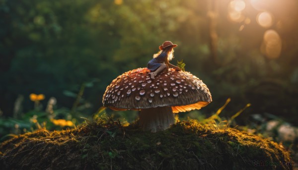 1girl,solo,long hair,skirt,brown hair,long sleeves,hat,dress,sitting,boots,outdoors,shoes,day,blurry,from side,tree,depth of field,blurry background,sunlight,grass,plant,nature,scenery,forest,brown headwear,straw hat,mushroom,wide shot,shirt,profile,animal,minigirl,riding,bokeh