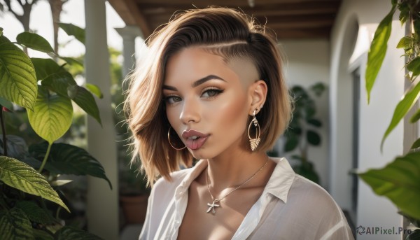 1girl,solo,looking at viewer,short hair,brown hair,shirt,black hair,brown eyes,jewelry,collarbone,white shirt,upper body,earrings,teeth,day,tongue,collared shirt,indoors,dark skin,tongue out,medium hair,necklace,blurry,dark-skinned female,lips,eyelashes,makeup,depth of field,blurry background,leaf,piercing,cross,plant,ear piercing,portrait,hoop earrings,realistic,nose,undercut,cross necklace,tongue piercing,eyebrow piercing,breasts,cleavage,parted lips,mole,sunlight