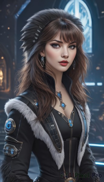 1girl,solo,long hair,breasts,looking at viewer,bangs,brown hair,long sleeves,cleavage,brown eyes,jewelry,medium breasts,jacket,upper body,earrings,parted lips,open clothes,belt,artist name,necklace,blurry,lips,coat,black jacket,grey eyes,fur trim,eyelashes,makeup,depth of field,blurry background,lipstick,gem,pendant,realistic,nose,red lips,hat,indoors,window,hands in pockets