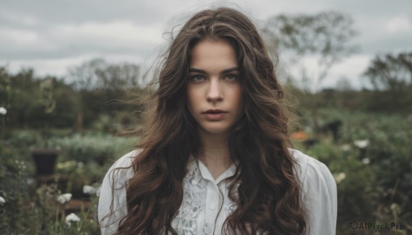 1girl,solo,long hair,looking at viewer,brown hair,shirt,brown eyes,closed mouth,white shirt,upper body,flower,outdoors,parted lips,day,collared shirt,blurry,tree,lips,depth of field,blurry background,wavy hair,messy hair,freckles,curly hair,realistic,nose,sky,cloud,expressionless,cloudy sky,grass,portrait,nature,field,grey sky