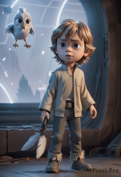 solo,short hair,blonde hair,brown hair,shirt,long sleeves,1boy,holding,brown eyes,closed mouth,standing,jacket,full body,male focus,boots,open clothes,belt,pants,artist name,indoors,black eyes,bird,animal,feathers,child,brown jacket,realistic,male child,owl,blue eyes,weapon,lips,robot,science fiction