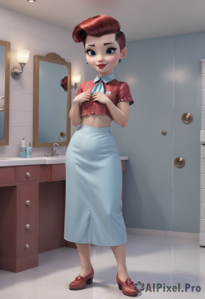 1girl,solo,looking at viewer,smile,short hair,blue eyes,skirt,brown hair,shirt,ribbon,jewelry,standing,full body,short sleeves,red hair,earrings,shoes,midriff,artist name,indoors,high heels,lips,crop top,neck ribbon,makeup,white skirt,blue ribbon,lipstick,red footwear,red shirt,eyeshadow,long skirt,mirror,door,tiles,red lips,kitchen,pompadour,sink,cabinet,blush,navel,shadow,freckles,reflection