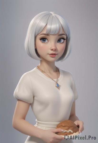 1girl,solo,breasts,looking at viewer,blush,short hair,bangs,blue eyes,simple background,shirt,dress,holding,jewelry,upper body,white hair,short sleeves,grey hair,small breasts,parted lips,food,puffy sleeves,artist name,grey background,necklace,nail polish,white dress,puffy short sleeves,lips,fingernails,eyelashes,makeup,bob cut,holding food,pink nails,pendant,plate,freckles,pink lips,realistic,nose,holding plate,pie,closed mouth,gradient,gradient background,gem