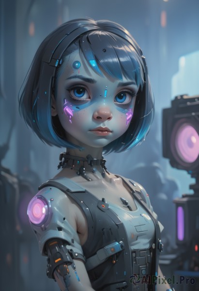 1girl,solo,breasts,looking at viewer,short hair,bangs,blue eyes,black hair,closed mouth,blue hair,upper body,hairband,small breasts,choker,blurry,lips,makeup,blurry background,swept bangs,glowing,headgear,facial mark,bob cut,robot,freckles,science fiction,nose,android,mechanical arms,cyborg,robot joints,cyberpunk,hologram,multicolored hair,eyelashes,expressionless,joints,facepaint,dirty,dirty face,mechanical parts