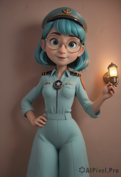 1girl,solo,breasts,looking at viewer,smile,short hair,bangs,blue eyes,shirt,long sleeves,hat,holding,closed mouth,blue hair,standing,cowboy shot,small breasts,glasses,pants,uniform,aqua eyes,lips,hand on hip,military,aqua hair,military uniform,thick eyebrows,blue shirt,blue headwear,brown background,pocket,military hat,lantern,round eyewear,lamp,breast pocket,badge,humanization,light bulb,parted lips,green hair,freckles,jumpsuit