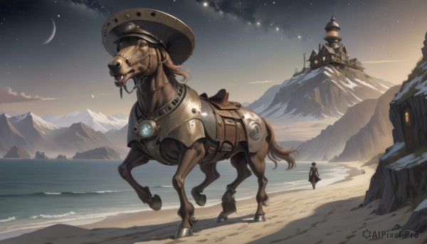 1boy,hat,standing,outdoors,sky,cloud,water,night,ocean,animal,beach,moon,star (sky),night sky,scenery,snow,1other,starry sky,mountain,fantasy,sand,crescent moon,horse,ambiguous gender,desert,footprints,saddle,tree,robot,building,walking,house,landscape,mountainous horizon