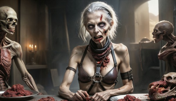 HQ,1girl,breasts,short hair,bare shoulders,jewelry,medium breasts,swimsuit,yellow eyes,white hair,bikini,earrings,small breasts,food,teeth,indoors,necklace,lips,grey eyes,blood,makeup,scar,eating,knife,bikini top only,o-ring,skull,injury,candle,stitches,white eyes,ribs,zombie,bone,guro,table,realistic,meat,horror (theme)