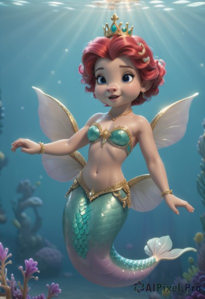 1girl,solo,breasts,looking at viewer,smile,short hair,open mouth,blue eyes,navel,bare shoulders,jewelry,swimsuit,full body,bikini,red hair,earrings,small breasts,teeth,artist name,dark skin,necklace,blurry,bracelet,upper teeth only,sunlight,tiara,crown,monster girl,bikini top only,bubble,curly hair,light rays,underwater,scales,air bubble,mermaid,sunbeam,shell,fins,coral,shell bikini,hair ornament,underwear,collarbone,parted lips,wings,midriff,water,stomach,lips,eyelashes,ocean,watermark,web address,fish,aqua bikini,aqua bra