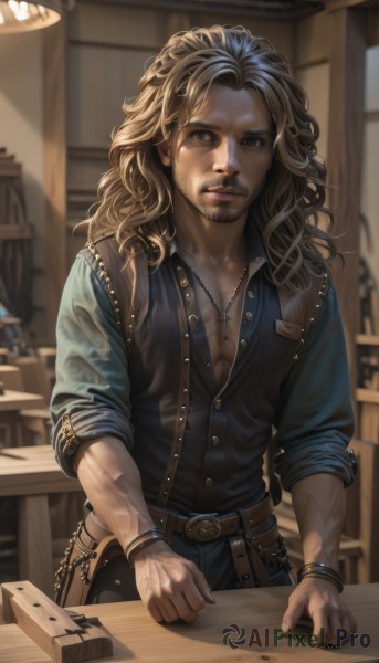 solo,long hair,looking at viewer,blue eyes,blonde hair,brown hair,shirt,1boy,jewelry,closed mouth,standing,male focus,cowboy shot,parted lips,open clothes,day,belt,pants,indoors,necklace,blurry,vest,bracelet,lips,book,window,muscular,buttons,depth of field,blurry background,facial hair,wavy hair,scar,black pants,table,sunlight,cross,blue shirt,pectorals,beard,buckle,sleeves rolled up,curly hair,pocket,belt buckle,realistic,nose,stubble,brown belt,cross necklace,partially unbuttoned,leather belt,wooden table,upper body,watermark,veins,manly