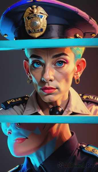 1girl,looking at viewer,short hair,blue eyes,blonde hair,shirt,1boy,hat,jewelry,closed mouth,earrings,necktie,collared shirt,mole,uniform,lips,makeup,colored skin,lipstick,portrait,hoop earrings,realistic,red lips,police,police uniform,policewoman,police hat,solo,tongue,tongue out,eyelashes,eyeshadow,nose,eyeliner,facepaint