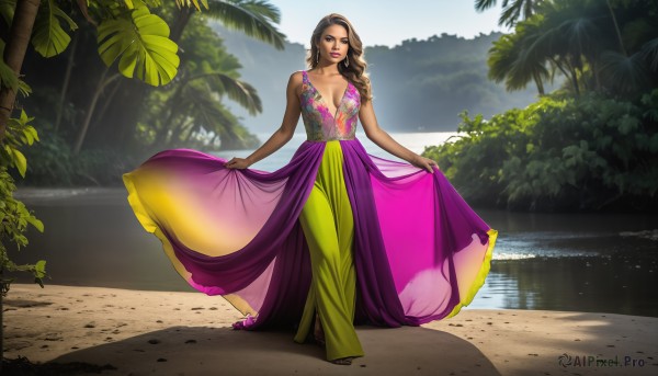 HQ,1girl,solo,long hair,breasts,looking at viewer,smile,skirt,brown hair,dress,cleavage,bare shoulders,brown eyes,medium breasts,standing,outdoors,barefoot,day,dark skin,water,dark-skinned female,tree,lips,makeup,beach,plant,nature,walking,skirt hold,palm tree,lake,curtsey,large breasts,flower,ocean,purple dress,sand