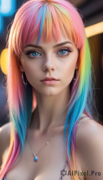 1girl,solo,long hair,breasts,looking at viewer,bangs,blue eyes,blonde hair,cleavage,bare shoulders,jewelry,medium breasts,closed mouth,blue hair,collarbone,upper body,pink hair,multicolored hair,earrings,artist name,necklace,bra,blurry,two-tone hair,lips,eyelashes,gradient hair,makeup,depth of field,blurry background,web address,eyeshadow,freckles,hoop earrings,realistic,nose,mascara,rainbow hair,large breasts,parted lips,orange hair,streaked hair,watermark