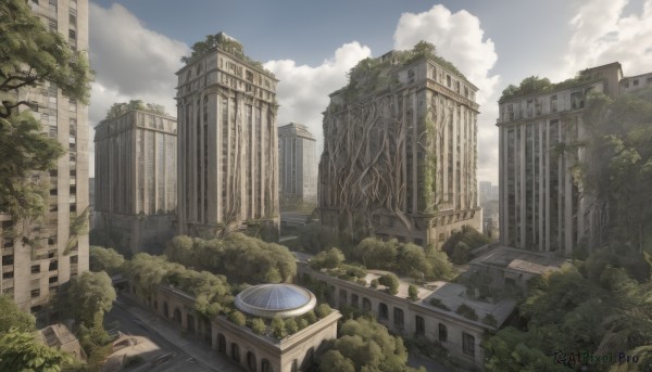 outdoors,sky,day,cloud,tree,blue sky,no humans,window,cloudy sky,plant,building,scenery,city,ruins,skyscraper,moss,overgrown,cityscape