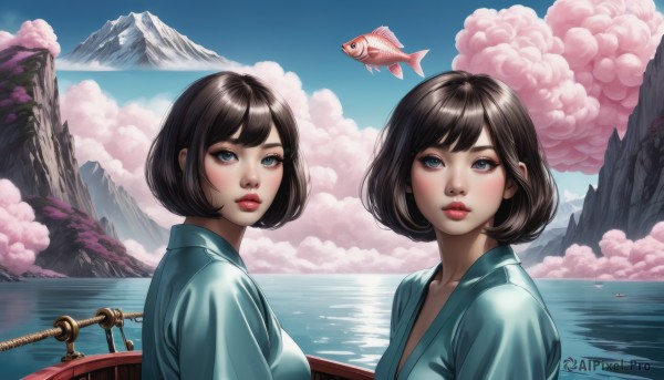 breasts,looking at viewer,short hair,bangs,blue eyes,multiple girls,brown hair,shirt,black hair,2girls,closed mouth,collarbone,upper body,outdoors,parted lips,sky,day,cloud,water,blue sky,lips,eyelashes,makeup,swept bangs,ocean,animal,bob cut,cloudy sky,blue shirt,lipstick,cherry blossoms,scenery,fish,pink lips,mountain,nose,railing,red lips,watercraft,boat,mountainous horizon,lake,goldfish,mount fuji,koi,1girl,blush,medium breasts,japanese clothes,teeth,kimono,from side,multiple views,realistic,blue kimono