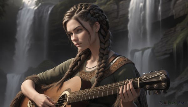 1girl,solo,long hair,blue eyes,brown hair,holding,brown eyes,upper body,braid,water,necklace,blurry,twin braids,lips,instrument,hair over shoulder,realistic,nose,music,guitar,playing instrument,holding instrument,waterfall,lute (instrument),shirt,jewelry,sitting,parted lips,nail polish,fingernails,multiple braids