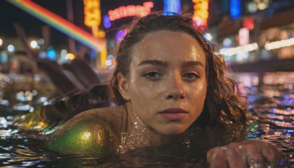 1girl,solo,long hair,looking at viewer,brown hair,brown eyes,closed mouth,nude,outdoors,dark skin,water,blurry,black eyes,dark-skinned female,lips,wet,night,depth of field,blurry background,portrait,forehead,partially submerged,freckles,reflection,curly hair,realistic,nose,pool,wet hair,bokeh,very dark skin,black hair,shiny,city lights