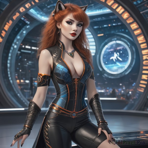 1girl,solo,long hair,breasts,looking at viewer,bangs,large breasts,brown hair,gloves,animal ears,cleavage,bare shoulders,brown eyes,jewelry,medium breasts,earrings,parted lips,black gloves,pants,cat ears,fingerless gloves,necklace,nail polish,orange hair,lips,fingernails,bodysuit,makeup,black pants,lipstick,black nails,armlet,science fiction,red lips,hand on own thigh,closed mouth,standing,red hair,cowboy shot,sleeveless,shiny,belt,artist name,indoors,signature,blurry,black eyes,fox ears,night,swept bangs,watermark,wavy hair,armband,skin tight,web address,zipper,long fingernails,contrapposto,curly hair,realistic,nose,tight,asymmetrical clothes,mascara,tight pants,lights,hands on own thighs,single pantsleg,leather pants