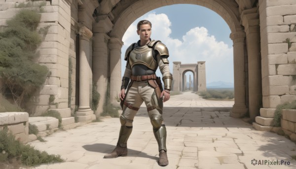 solo,looking at viewer,short hair,brown hair,1boy,brown eyes,standing,full body,male focus,boots,outdoors,sky,day,belt,pants,cloud,armor,tree,blue sky,facial hair,shoulder armor,beard,pauldrons,breastplate,arms at sides,long sleeves,weapon,shadow,brown footwear,cloudy sky,grass,realistic,vambraces,brown belt,knee pads,greaves,brown pants,ruins,shoulder pads,pillar,arch,chainmail