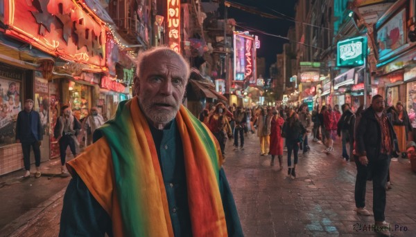 looking at viewer,short hair,multiple girls,standing,jacket,male focus,outdoors,multiple boys,pants,scarf,night,facial hair,scar,formal,building,scenery,beard,walking,science fiction,6+boys,city,road,bald,old,old man,street,crowd,mohawk,cyberpunk,neon lights,pavement,solo focus,6+girls,sign,realistic,crosswalk,real world location