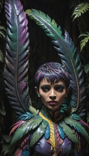 1girl,solo,breasts,looking at viewer,short hair,black hair,brown eyes,jewelry,medium breasts,upper body,purple hair,multicolored hair,earrings,wings,dark skin,dark-skinned female,lips,bodysuit,makeup,leaf,feathers,plant,lipstick,feathered wings,eyeshadow,very short hair,purple lips,nature,stud earrings