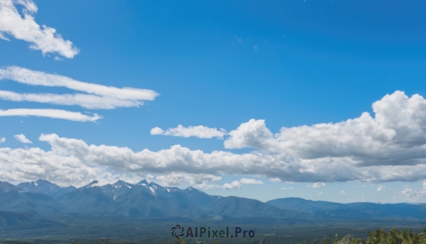 outdoors,sky,day,cloud,tree,blue sky,no humans,bird,cloudy sky,grass,nature,scenery,forest,mountain,field,landscape,mountainous horizon,hill,multiple girls,multiple boys,6+boys