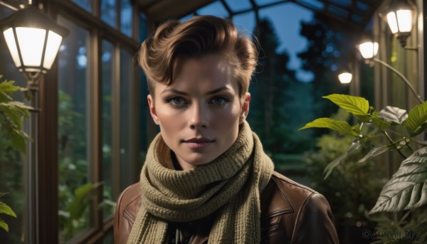 1girl,solo,looking at viewer,short hair,brown hair,1boy,brown eyes,closed mouth,jacket,upper body,male focus,outdoors,scarf,blurry,black eyes,tree,lips,coat,night,depth of field,blurry background,leaf,plant,brown jacket,realistic,nose,leather jacket,smile,blue eyes,window,portrait,light,leather,green scarf