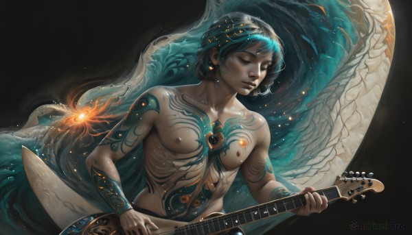 solo,short hair,black hair,1boy,holding,jewelry,closed mouth,nipples,blue hair,collarbone,closed eyes,upper body,male focus,nude,earrings,wings,artist name,water,lips,tattoo,muscular,glowing,watermark,pectorals,black background,gem,instrument,topless male,realistic,nose,music,guitar,playing instrument,holding instrument,waves,headband,light particles,toned,chest tattoo,full-body tattoo