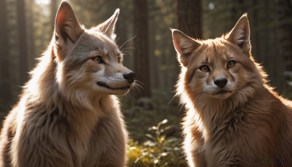 smile,brown eyes,closed mouth,flower,outdoors,signature,blurry,looking at another,tree,no humans,depth of field,blurry background,animal,cat,plant,nature,forest,realistic,animal focus,whiskers,looking at viewer,fox