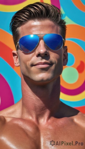 solo,looking at viewer,short hair,brown hair,black hair,1boy,closed mouth,collarbone,male focus,shiny,lips,shiny skin,muscular,facial hair,sunglasses,pectorals,portrait,topless male,realistic,chest hair,smile,upper body,muscular male,manly,tinted eyewear