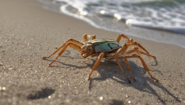 outdoors, blurry, no humans, animal, beach, bug, robot, realistic, sand, crab