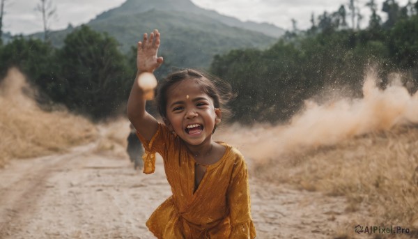 1girl,solo,smile,short hair,open mouth,brown hair,black hair,1boy,jewelry,closed eyes,upper body,male focus,earrings,outdoors,teeth,day,hand up,dark skin,blurry,arm up,dark-skinned female,tree,depth of field,blurry background,sharp teeth,child,nature,facing viewer,snow,mountain,realistic,female child,male child,dust,shirt,parody,dark-skinned male,dirty,horror (theme),screaming