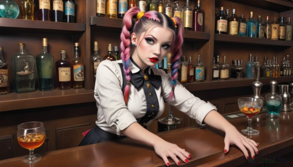 1girl,solo,long hair,breasts,looking at viewer,bangs,skirt,shirt,black hair,hair ornament,bow,twintails,jewelry,medium breasts,white shirt,pink hair,braid,multicolored hair,earrings,parted lips,collared shirt,indoors,bowtie,nail polish,black eyes,twin braids,two-tone hair,cup,lips,streaked hair,grey eyes,black bow,makeup,buttons,bottle,lipstick,red nails,alcohol,sleeves rolled up,eyeshadow,drinking glass,ice,black bowtie,red lips,glass,wine glass,wine,shelf,wine bottle,bar (place),black apron,counter,cocktail glass,bartender,multiple braids,cocktail,whiskey,blue eyes,blue hair,purple hair,gradient hair,fruit,piercing,ear piercing,stud earrings,eyeliner,cherry,mascara