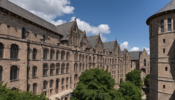 outdoors,sky,day,cloud,tree,blue sky,no humans,window,cloudy sky,building,nature,scenery,architecture,house,castle,tower,plant,bush,bridge,arch