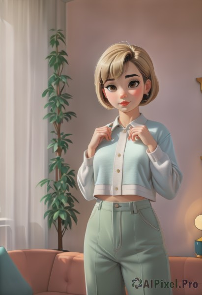 1girl,solo,breasts,looking at viewer,blush,smile,short hair,bangs,blonde hair,brown hair,shirt,long sleeves,brown eyes,jewelry,closed mouth,standing,white shirt,cowboy shot,earrings,small breasts,midriff,collared shirt,pants,artist name,indoors,nail polish,lips,hands up,makeup,buttons,thick eyebrows,blue shirt,plant,denim,lipstick,curtains,couch,jeans,blue pants,red lips,potted plant,lamp,midriff peek,high-waist pants