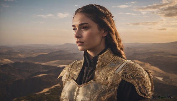 1girl,solo,long hair,blonde hair,brown hair,brown eyes,closed mouth,upper body,braid,outdoors,sky,cloud,armor,lips,looking to the side,single braid,looking away,shoulder armor,pauldrons,breastplate,mountain,realistic,nose,looking afar,mountainous horizon,day,cloudy sky,scenery