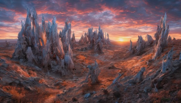A majestic sunset outdoors featuring a landscape