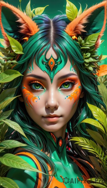 1girl,solo,long hair,looking at viewer,bangs,hair ornament,animal ears,closed mouth,green eyes,upper body,green hair,artist name,lips,fox ears,eyelashes,aqua hair,bodysuit,makeup,leaf,watermark,facial mark,plant,lipstick,portrait,web address,eyeshadow,freckles,green background,nose,eyeliner,facepaint,mascara,hair flower