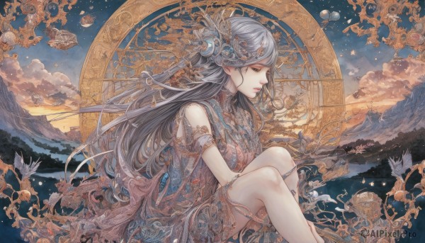 1girl,solo,long hair,hair ornament,dress,jewelry,sitting,closed eyes,grey hair,outdoors,sky,pointy ears,cloud,from side,lips,profile,bird,star (sky),scenery,armlet,sunset,mountain,fantasy,gears,closed mouth,grey eyes,floating hair,fish,planet,surreal