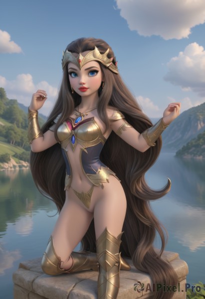 1girl,solo,long hair,breasts,looking at viewer,smile,blue eyes,brown hair,navel,jewelry,medium breasts,very long hair,standing,earrings,boots,outdoors,parted lips,sky,pussy,day,artist name,cloud,water,necklace,armor,blue sky,lips,hands up,makeup,bottomless,watermark,tiara,lipstick,gem,revealing clothes,web address,headpiece,vambraces,red lips,armored boots,greaves,lake,cleavage,bare shoulders,underwear,collarbone,small breasts,pointy ears,stomach,tree,groin,standing on one leg,knee boots,cloudy sky,armlet,circlet,red gemstone