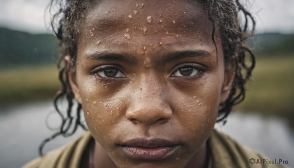 1girl,solo,looking at viewer,short hair,brown hair,black hair,1boy,brown eyes,closed mouth,male focus,artist name,dark skin,hair bun,blurry,dark-skinned female,lips,wet,double bun,depth of field,blurry background,watermark,dark-skinned male,portrait,close-up,freckles,realistic,very dark skin,dreadlocks,smile,outdoors,messy hair,forehead,curly hair,nose