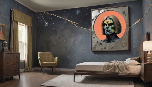 solo,brown hair,red eyes,1boy,male focus,sky,indoors,star (symbol),pillow,no humans,window,bed,night,colored skin,chair,table,curtains,star (sky),realistic,lamp,photo (object),bedroom,painting (object),book,night sky,scenery,desk,starry sky,blue skin,green skin,wall,forehead jewel,statue,alien,constellation,drawer,cabinet