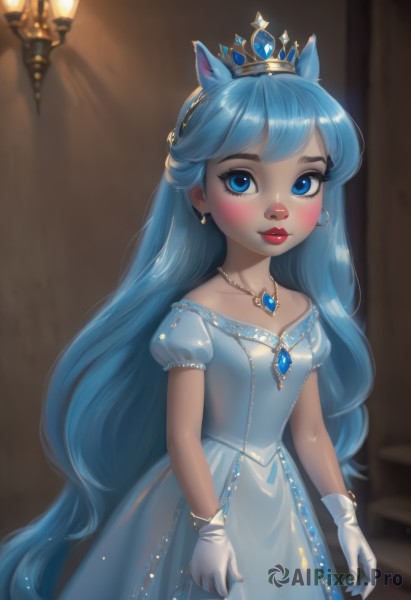 1girl,solo,long hair,breasts,looking at viewer,blush,smile,bangs,blue eyes,gloves,dress,animal ears,jewelry,very long hair,blue hair,standing,collarbone,short sleeves,earrings,small breasts,parted lips,puffy sleeves,shiny,artist name,indoors,white gloves,necklace,white dress,blurry,puffy short sleeves,lips,eyelashes,makeup,blurry background,blue dress,tiara,crown,lipstick,gem,pendant,eyeshadow,red lips,blue gemstone,princess,horse ears,lamp,humanization