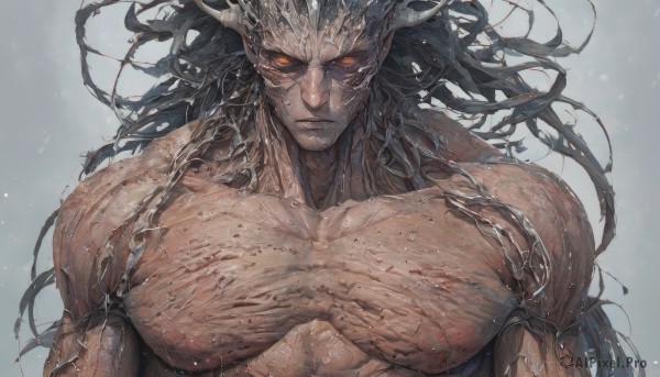 solo,long hair,looking at viewer,black hair,1boy,closed mouth,nipples,yellow eyes,upper body,male focus,horns,grey background,orange eyes,muscular,floating hair,glowing,scar,abs,pectorals,muscular male,glowing eyes,colored sclera,veins,serious,black sclera,straight-on,multiple horns,nude,blood,manly