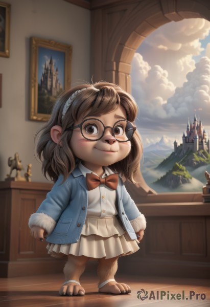 1girl,solo,long hair,looking at viewer,smile,skirt,brown hair,shirt,long sleeves,bow,brown eyes,closed mouth,standing,jacket,full body,white shirt,hairband,outdoors,open clothes,sky,glasses,day,artist name,cloud,indoors,bowtie,medium hair,red bow,blue sky,fur trim,window,cloudy sky,blue jacket,red bowtie,child,furry,black-framed eyewear,furry female,female child,castle,blue coat,picture frame,painting (object),blush,tree,white skirt,mountain,round eyewear