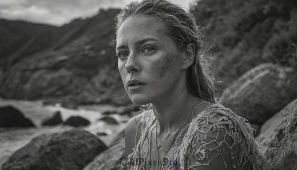 1girl,solo,long hair,looking at viewer,jewelry,closed mouth,monochrome,upper body,greyscale,outdoors,parted lips,necklace,blurry,lips,blurry background,portrait,freckles,realistic,river,water,mountain,dirty,dirty face