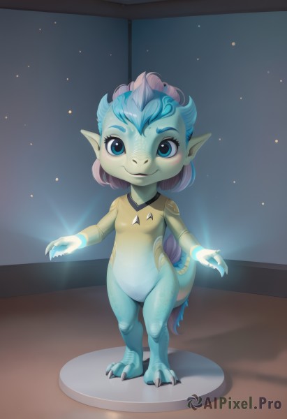 1girl,solo,long hair,looking at viewer,smile,blue eyes,blue hair,standing,tail,full body,multicolored hair,horns,pointy ears,colored skin,monster girl,claws,furry,furry female,female child,breasts,short hair,pink hair,small breasts,artist name,two-tone hair,glowing,watermark,aged down,child,blue skin